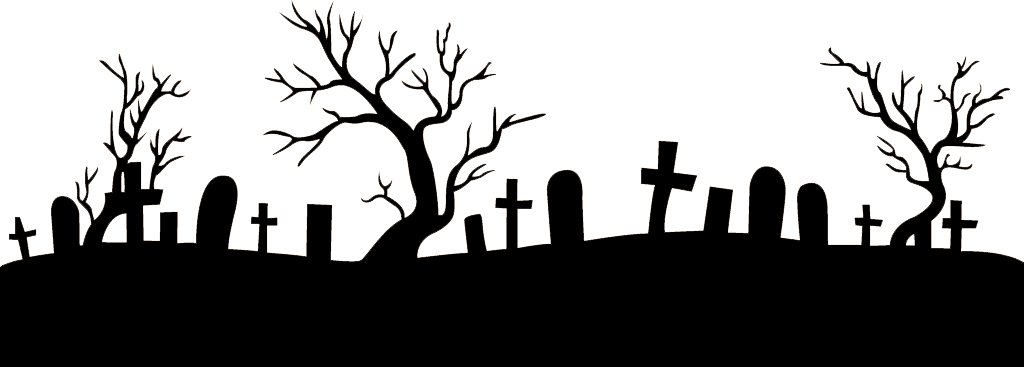 Black graveyard silhouettes and bare trees under an orange sky